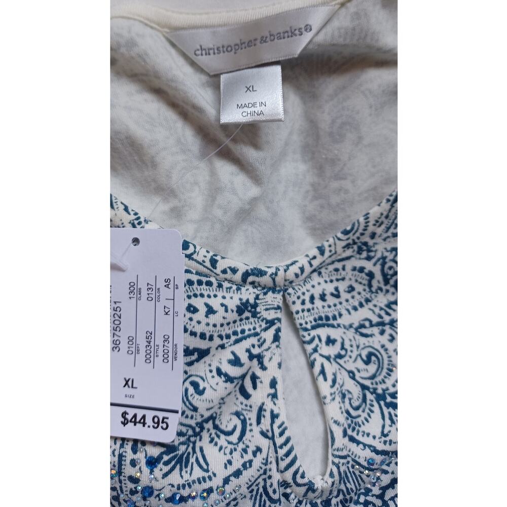 Christopher & Banks White Blue Embellished Boho Poncho Tie Front Top XL - Picture 6 of 10